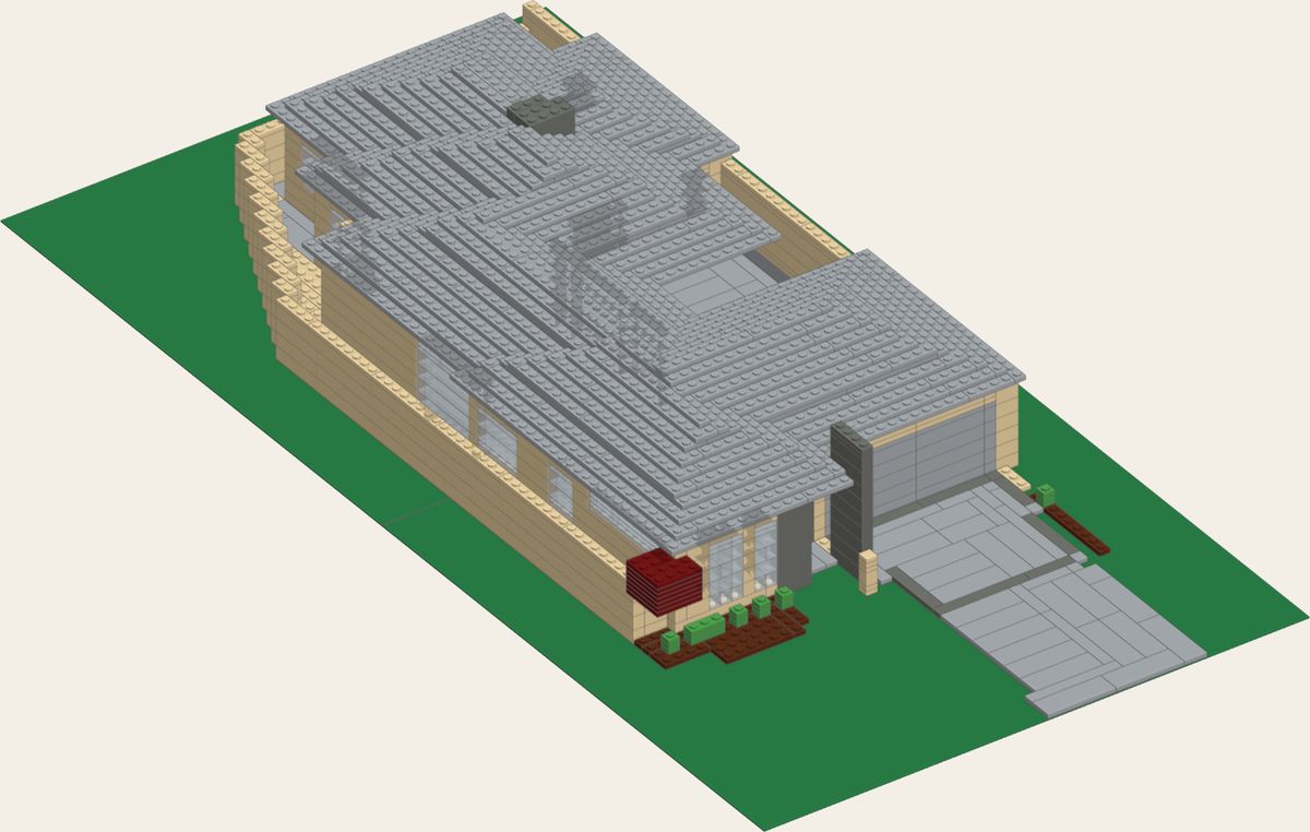 The Demo House as a brick model on green baseplates.